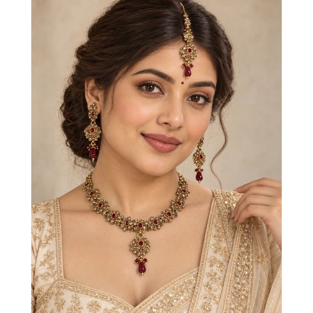 Gold Tone Red Bridal Jewelry Set Necklace Earrings Maang Tikka Bollywood Style